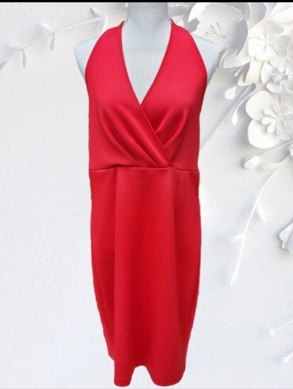 Red Dress Halter Plunge Backless Stretch Wrap-Front Size 12